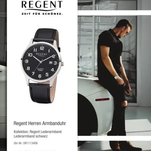 Regent Herren-Armbanduhr 32-1113406 Quarz-Uhr Leder-Armband schwarz UR1113406