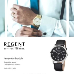 Regent Herren-Armbanduhr 32-1113406 Quarz-Uhr Leder-Armband schwarz UR1113406
