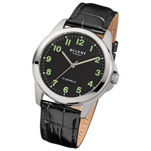 Regent Herren-Armbanduhr F-1392 Handaufzug Leder-Armband schwarz URF818