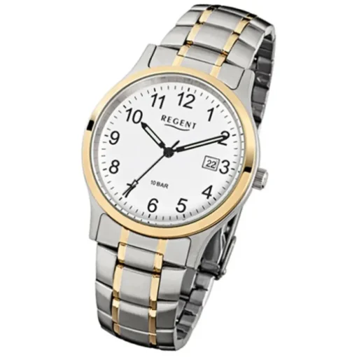 Regent Herren-Armbanduhr F-777 Quarz-Uhr Stahl-Armband gold silber URF777