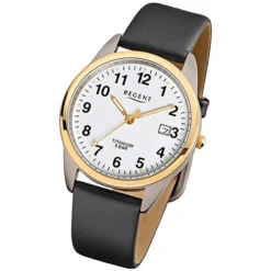 Regent Herren-Armbanduhr F-687 Titan-Uhr Leder-Armband schwarz URF687