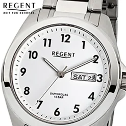 Regent Herren-Armbanduhr F-524 Quarz-Uhr Stahl-Armband silber weiß URF524