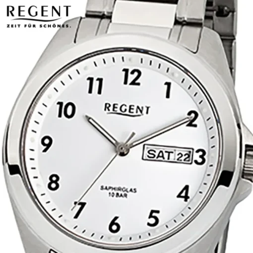 Regent Herren-Armbanduhr F-524 Quarz-Uhr Stahl-Armband silber weiß URF524