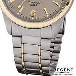 Regent Herren-Armbanduhr 32-F-1107 Quarz-Uhr Titan-Armband silber grau gold URF1 URF1107