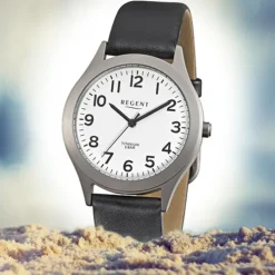 Regent Herren-Armbanduhr F-842 Titan-Uhr Leder-Armband schwarz URF842