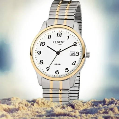 Regent Herren-Armbanduhr F-877 Quarz-Uhr Stahl-Armband silber gold URF877