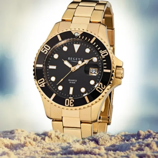 Regent Herren-Armbanduhr F-370 Quarz-Uhr Stahl-Armband gold URF370