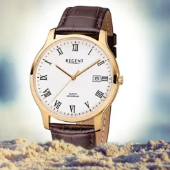 Regent Herren-Armbanduhr F-961 Quarz-Uhr Leder-Armband braun URF961