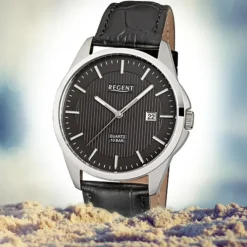 Regent Herren-Armbanduhr F-914 Quarz-Uhr Leder-Armband schwarz URF914