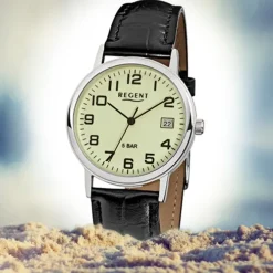 Regent Herren-Armbanduhr F-793 Quarz-Uhr Leder-Armband schwarz URF793