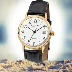 Regent Herren-Armbanduhr F-790 Quarz-Uhr Leder-Armband schwarz URF790