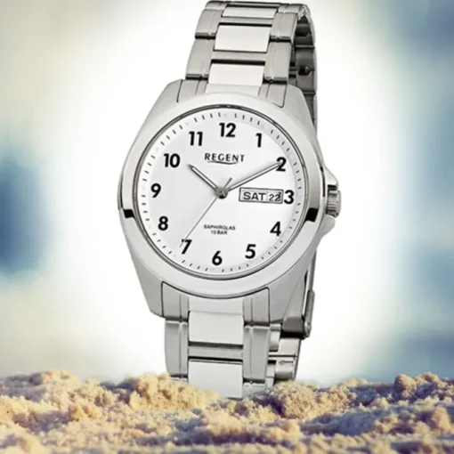 Regent Herren-Armbanduhr F-524 Quarz-Uhr Stahl-Armband silber weiß URF524