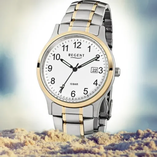 Regent Herren-Armbanduhr F-777 Quarz-Uhr Stahl-Armband gold silber URF777