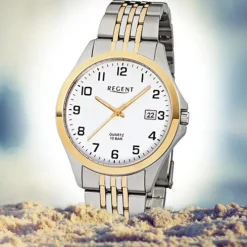 Regent Herren-Armbanduhr F-917 Quarz-Uhr Stahl-Armband silber gold URF917