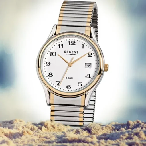 Regent Herren-Armbanduhr F-472 Quarz-Uhr Stahl-Armband silber gold URF472