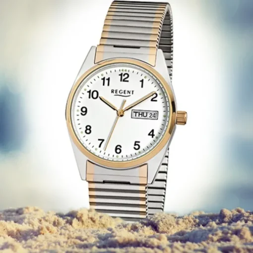 Regent Herren-Armbanduhr F-880 Quarz-Uhr Stahl-Armband silber gold URF880