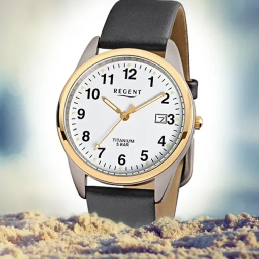 Regent Herren-Armbanduhr F-687 Titan-Uhr Leder-Armband schwarz URF687