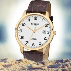 Regent Herren-Armbanduhr 32-F-1026 Quarz-Uhr Leder-Armband braun URF1026