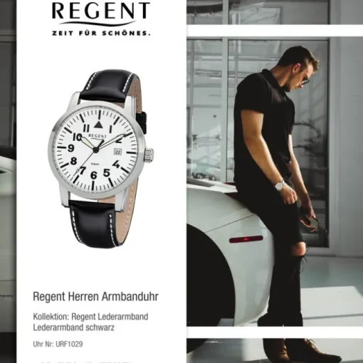 Regent Herren-Armbanduhr 32-F-1029 Quarz-Uhr Leder-Armband schwarz URF1029