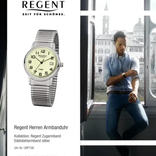 Regent Herren-Armbanduhr F-706 Quarz-Uhr Stahl-Armband silber URF706