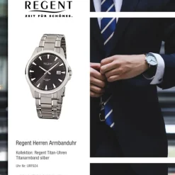 Regent Herren-Armbanduhr F-924 Quarz-Uhr Titan-Armband silber URF924