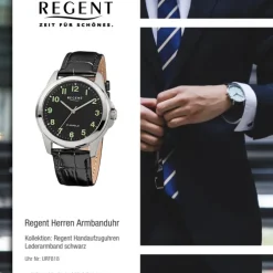 Regent Herren-Armbanduhr F-1392 Handaufzug Leder-Armband schwarz URF818