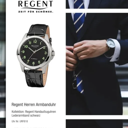 Regent Herren-Armbanduhr F-1392 Handaufzug Leder-Armband schwarz URF818