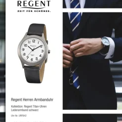 Regent Herren-Armbanduhr F-842 Titan-Uhr Leder-Armband schwarz URF842