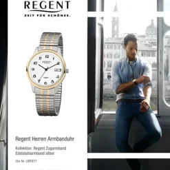 Regent Herren-Armbanduhr F-877 Quarz-Uhr Stahl-Armband silber gold URF877