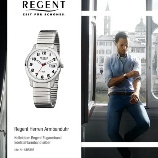 Regent Herren-Armbanduhr F-897 Quarz-Uhr Stahl-Armband silber URF897