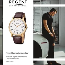 Regent Herren-Armbanduhr F-961 Quarz-Uhr Leder-Armband braun URF961