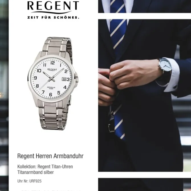Regent Herren-Armbanduhr F-925 Quarz-Uhr Titan-Armband silber URF925