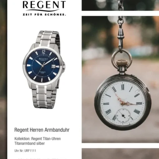 Regent Herren-Armbanduhr 32-F-1111 Quarz-Uhr Titan-Armband silber grau URF1111