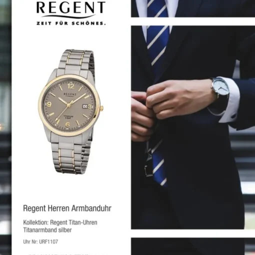 Regent Herren-Armbanduhr 32-F-1107 Quarz-Uhr Titan-Armband silber grau gold URF1 URF1107