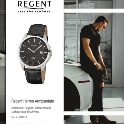 Regent Herren-Armbanduhr F-914 Quarz-Uhr Leder-Armband schwarz URF914