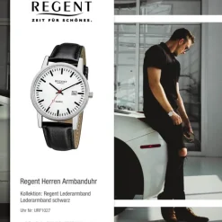 Regent Herren-Armbanduhr 32-F-1027 Quarz-Uhr Leder-Armband schwarz URF1027