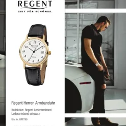 Regent Herren-Armbanduhr F-790 Quarz-Uhr Leder-Armband schwarz URF790