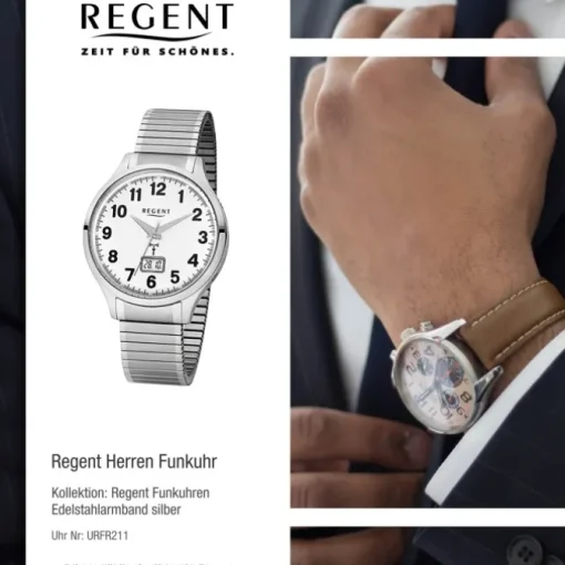 Regent Herren-Armbanduhr 32-FR-211 Funkuhr Edelstahl-Armband silber URFR211