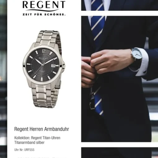 Regent Herren-Armbanduhr F-555 Quarz-Uhr Titan-Armband silber URF555