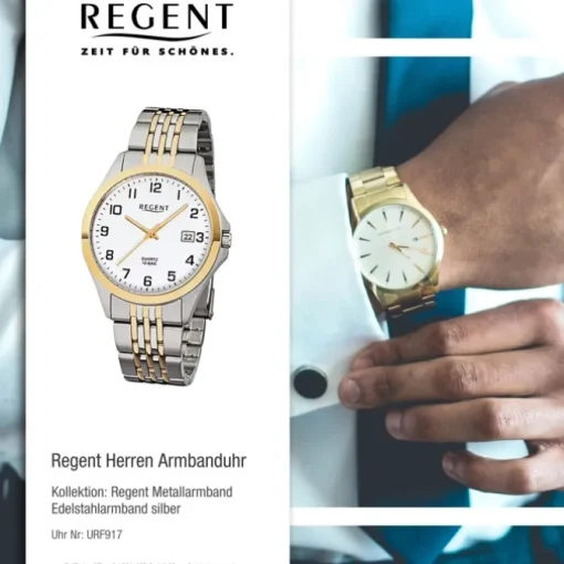 Regent Herren-Armbanduhr F-917 Quarz-Uhr Stahl-Armband silber gold URF917