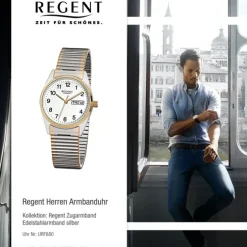 Regent Herren-Armbanduhr F-880 Quarz-Uhr Stahl-Armband silber gold URF880