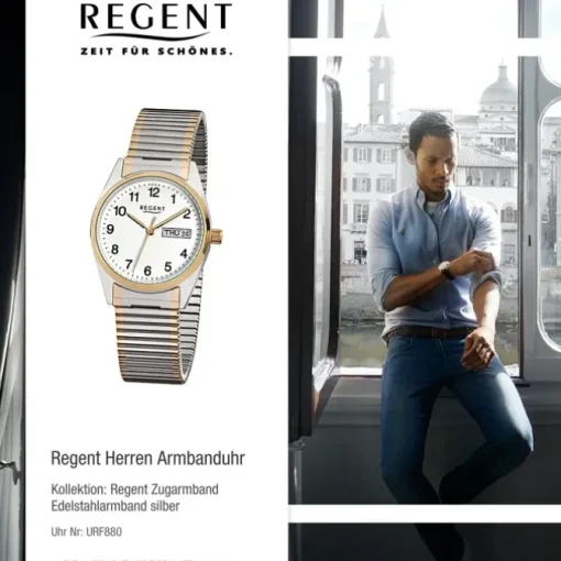 Regent Herren-Armbanduhr F-880 Quarz-Uhr Stahl-Armband silber gold URF880