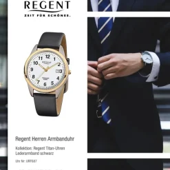 Regent Herren-Armbanduhr F-687 Titan-Uhr Leder-Armband schwarz URF687