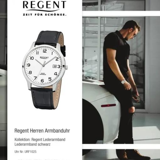 Regent Herren-Armbanduhr 32-F-1025 Quarz-Uhr Leder-Armband schwarz URF1025