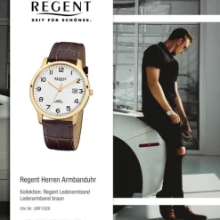 Regent Herren-Armbanduhr 32-F-1026 Quarz-Uhr Leder-Armband braun URF1026