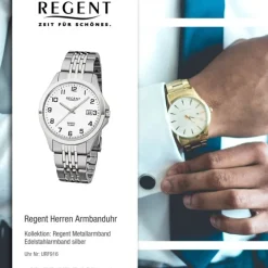 Regent Herren-Armbanduhr F-916 Quarz-Uhr Stahl-Armband silber grau URF916