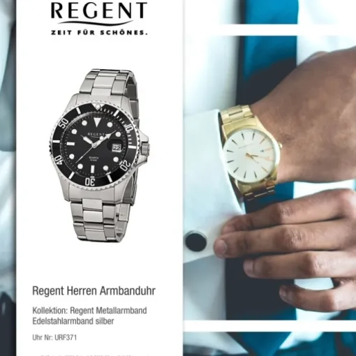 Regent Herren-Armbanduhr F-371 Quarz-Uhr Stahl-Armband silber URF371