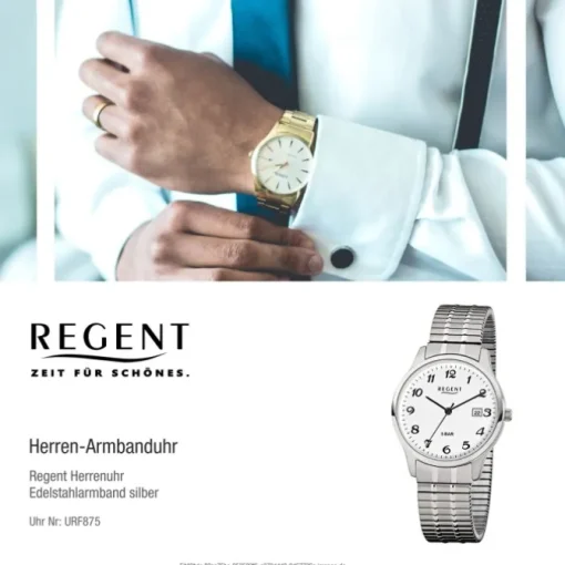 Regent Herren-Armbanduhr F-875 Quarz-Uhr Stahl-Armband silber URF875