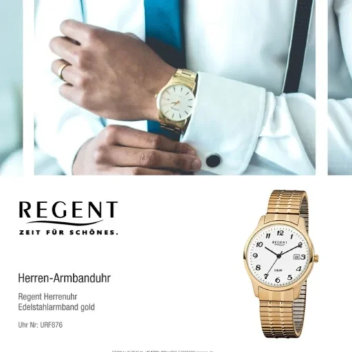 Regent Herren-Armbanduhr F-876 Quarz-Uhr Stahl-Armband gold URF876