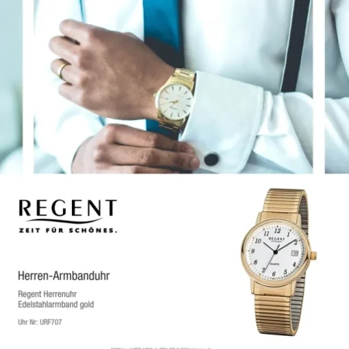 Regent Herren-Armbanduhr F-707 Quarz-Uhr Stahl-Armband gold URF707